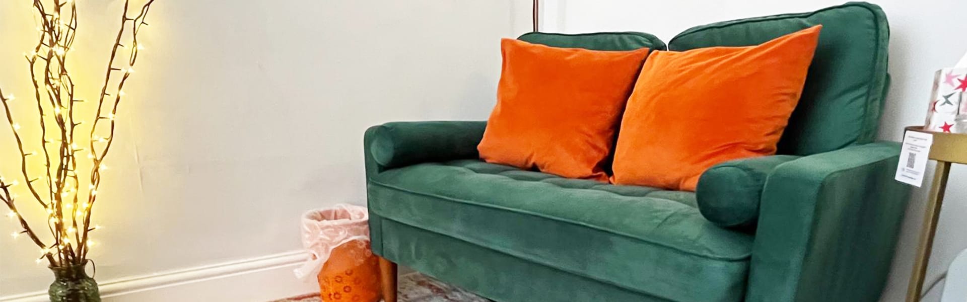 Comfortable client sofa in counselling room in York supporting safe and relaxed therapy sessions